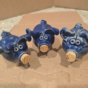 Adorable Blue Ceramic Piggy Salt Pepper Shakers Cork Stopper Set